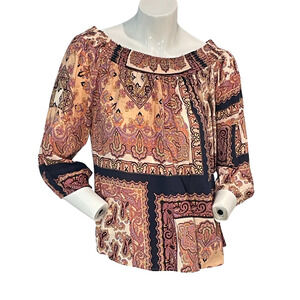 3/$20 Lascana Venus Sz M Smocked Neck Pullover Top Puff Sleeves Paisley Scarf